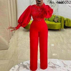 Etniska kläder Elegant African Jumpsuit Long Lantern Sleeve Red Lace Patchwork Rompers Plus Size Wedding Party for Women Outfits5558704
