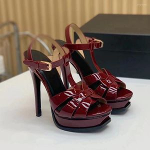 Sandals Waterproof Platform Stiletto Women Lady Lacquer Leather Weaving Tapered Buckle Evening Dress Shoes Designer High