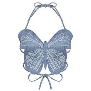 Y2K Jeans Butterfly Crop Top sem costas Sexy Blue fofo Party Swards Women Women Beach Holiday Mini colete