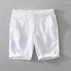 Shorts masculinos linho puro para homens 2024 Moda de verão sólido branco solto feriado homem casual button size calças curtas