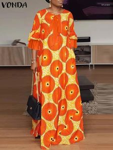 Vestidos casuais Vonda Women Maxi Dress 2024 Padrão de retalhos vintage Autumn comprimento do piso Bohemian Beach Sundress Robe Loose Femme