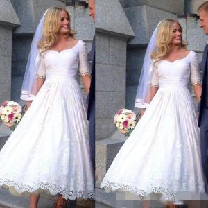 Vintage krótkie sukienki ślubne z krótkim rękawami koronka aplikacja ukochana dekolt w kształcie rozmiaru ślubna suknia ślubna
