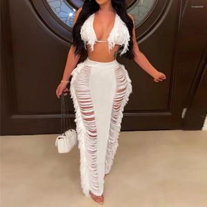 Casual Dresses Women Hollow Out Knit Cover Up Long Maxi Skirt Sexy Tassels Crochet Two Piece Beach Wear Bathing Tie Bra Suit SC001