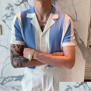 Men'S Polos Mens S Knit Striped Shirt Casual Luxury Clothing Streetwear Suit Collar Button Down Breathable Vintage Summer Drop Deliver Dh5Sk