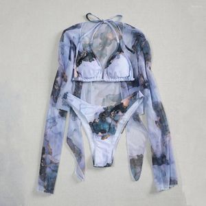 Women's Swimwear Sexy Marble Print Bikini 2024 Women Long Sleeve Mesh Cover Up Push Tie Dye Gradient 3 Piece Beach Thong Swimsuit