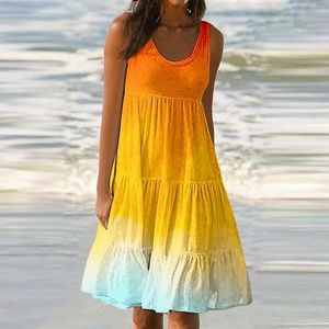 Casual Dresses Summer Loose Gradient Midi Dress For Women O-Neck Sleeveless Knee-Length Ladies Pleated Beach Holiday