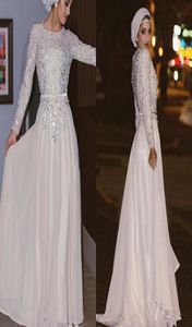 Sparkly Muslim Long Sleeves Prom Dresses 2019 Floor Length Silver Sequins Crystal Chiffon Evening Party Gowns Arabic Abaya Vestido8471640