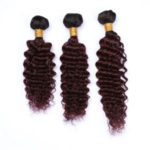 Wefts Indian Hurn Hair Burgundy Ombre Weave Wefts Black Roots 3PCS＃1B/99J OMBRE Red Wine Deep Curly Human Hair Bundles Mixe