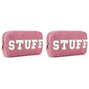 Makeup Brushes Preppy Bag Chenille Letter Plush Cosmetic Travel Toiletry Pouch(Pink)