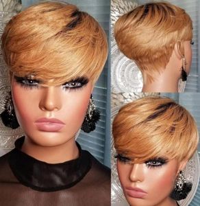 Ombre T1b27 Human Hair Short Perukar för svarta kvinnor rak Bob Pixie Honey Blond Brasilian No Lace Front Wig With Bang2120639