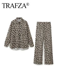 Trafza Vintage Pants Set For Women Spring Leopard Print Suit Långärmning Kausal Shirthigh Midja Rätt ben 240410