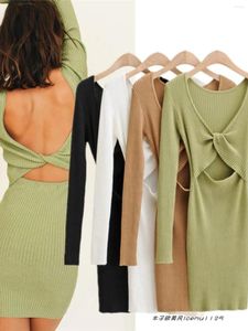 Casual Dresses Fashion Ins Niche Mini Open Back Cut Out Super Spicy Knitted Reverse Stand Stylish Long Sleeve Dress