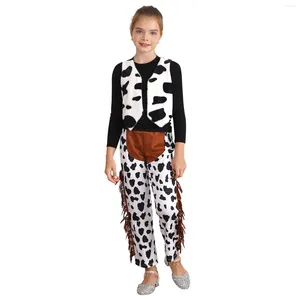 Bekleidungssets Kinder Jungen Western Cowboy Kostüm Set ärmellose gedruckter Weste mit Patchwork Quastenhosen für Halloween Cosplay