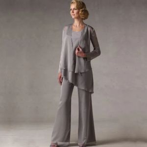 Suits Mother of The Groom Grey Chiffon Bridal Mother Bride Pant Suits With Jacket Women Evening Pant Suits robe de mere de mariee