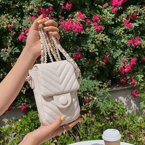 Shoulder Bags Pearl Chain Pu Leather Bag Women 2024 Summer Style Fashion Messenger Phone Purses Cute Side Satchels