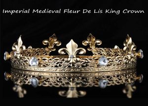 Men039s King oro medievale imperiale a corto rotondo Tiara Crystal Crystal Rhinestone Regolable Fleur de Lis Decor Diadem Party Costum1189955