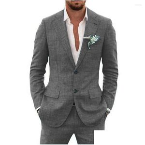 Herrenanzüge Blazers Slub Baumwollwäsche-Anzeige Fabric Flobe Anzugsrichterkragen einreißig 2-teilige elegante Mann hochwertiger Blazer D Dhzu7