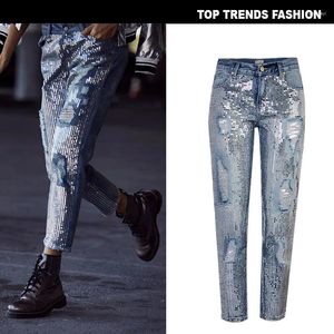 Women's Jeans Women Denim Distressed Holes Sequin Patchwork Ankle-Length Straight Pants Fashion Streetwear Korean Style Cotton Jean Trousers