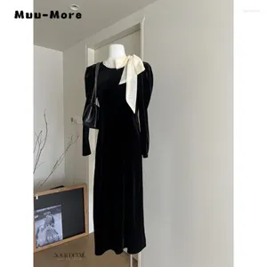 Casual Dresses Vintage Style Patchwork O-neck Bow Lace-up Elegant Evening Dress Women's Long Sleeve Slim Fit High Waist Party Wedding