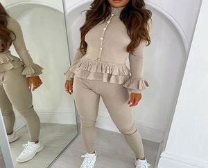 Women039Sトラックスーツ女性Vital Ribbed Frill Peplum Gold Button Loungewear Suit Stracuit Set Fitness Leggingslong Sleeve Shi9594977