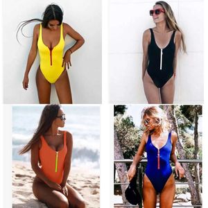 Candy Summer Color One Piece Swimsuits Women Zipper Design V-neck Skinny Bikini Swimwear Playsuits