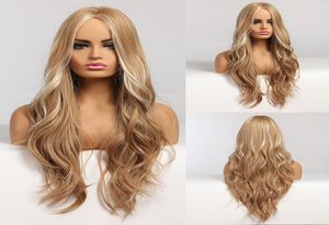 Long Wavy Blonde syntetiska peruker med höjdpunkter peruker Mittel för afrokvinnor värmebeständigt cosplay naturligt hår peruk6453811