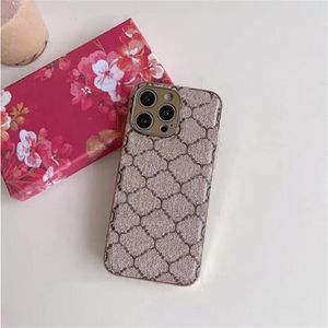Designer Fashion Leather Telefon Case per iPhone 15 Pro Max 14 13 12 11 Pro Gletter Brown Oro Brown Gold Cover Floral Back Cover Luxury Mobile Shell Copertura Full Coverge Protection Case