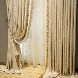 Drapes gardin lyxiga europeiska jacquard spetsar sömmar blackout gardiner för vardagsrum elegant tofs geometriska randiga balkongfönster