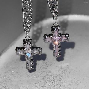 Choker Gothic Heart Zircon Cross Necklace Black Crystal Punk Y2K Chain Pendant For Woman Daily Wear