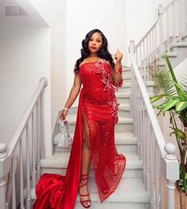 Sukienki imprezowe seksowne saprkle czerwone rozłam długi Nigerian Aso ebi wieczor
