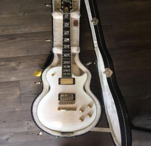 Anpassad butik 1959 Vos White Super Electric Guitar Tiger Flame Maple Top Back Split Block Mop Inlay Globe Headstock Inlay Gold 8014108