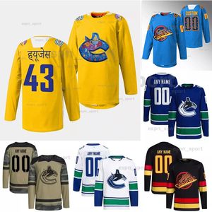 Herren Kids 43 Quinn Hughes 9 J.T.Miller Hockey Trikots 18 Sam Lafferty 40 Elias Pettersson Andrei Kuzmenko Casey Desmith Trevor Linden 2023 Diwali Night Blue Trikot