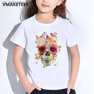 Tシャツ小児レンズ夏の半袖の女の子と男の子のTシャツ花candyスカルプリント子供TシャツTシャツカジュアルで楽しいベビー服HKP2147 Q240418