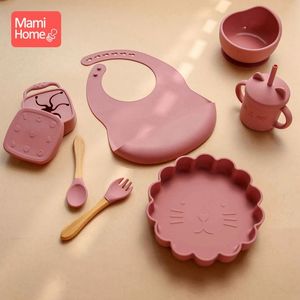 7PCSSet Baby Feeding Tableware A Free Food Grade Silicone Bowl Bib Placemat Fork Spoon Cup Set Goods 240412