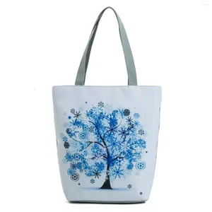 Torba gündelik bitki mavi ağaç baskı tote omuz çantaları kadınlar büyük kapasite eko yeniden kullanılabilir alışveriş sanatı dış mekan katlanabilir el çantası
