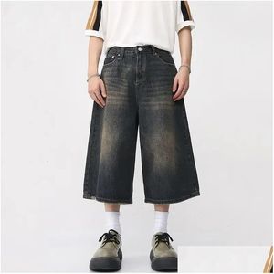 Men'S Shorts Y2K Mens Vintage Streetwear Breeches Korean Harajuku Denim Wide Leg Trouser Short Pants Jorts Bermudas Jeans Alt Clothes Dhve9