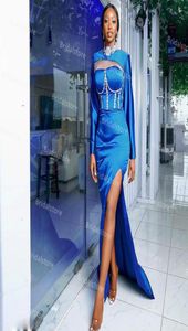 Monterade Blue Black Girls Prom -klänningar med hög slits höghals långärmad satin sjöjungfrun aftonklänning plus storlek special tillfälle D9536772