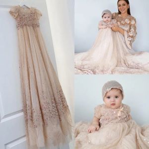 Dresses Bling Bling Champagne Baby Christening Gowns Full Sequins Baptism Outfits Bead Formal Infant Girl Wear With Bonnet