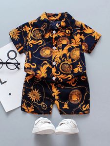 Baby pojke sommarkläder barnkläder för flickor Bomull småbarn strandstil tryck kostym barn unisex kort outfit 2 st 240418