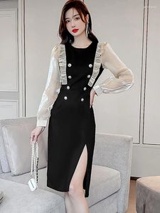 Vestidos casuais 2024 Pathowrk preto Manga longa Midi Dress Autumn Winter Chic Ruffled Lady Lady Mulheres Coreias Vintage Party Night Night Night