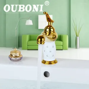 Bathroom Sink Faucets OUBINI Soild Brass Gold Wash Basin Faucet Diamond Crystal Body Tap Single Handle Vessel Vanity Mixer