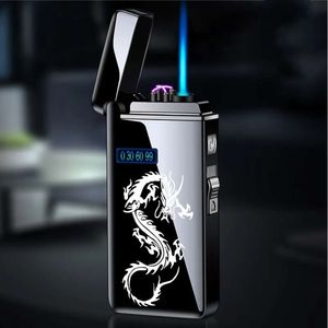 USB Metal Outdoor Windproof Dual Arc Lighter Plasma Blue Flame Turbo Torch Butane Without Gas Cigar Lighter Battery Display Men's Gift