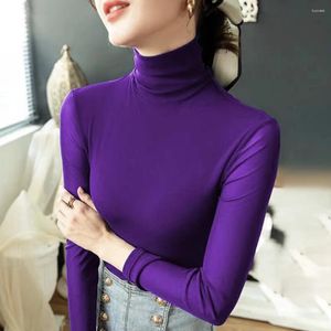 Women's T Shirts Sexy S-4XL Size White Coffee Purple Green T-Shirt Slim Stretch Bottoming Shirt High-neck Long Sleeve Top Clothing Ladies