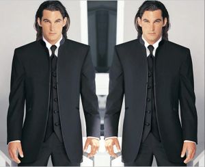 Tuxedos Black Groom Tuxedos Mandarin Lapel Best Man Groomsmen Men Men Wedding Suits Bridegroom（ジャケット+パンツ+タイ+ネクタイ+ベスト）カスタムメイドKM6004