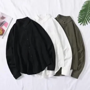 Camisas casuais masculinas Stand colar de colarinho de peito único de cor solta bolso de patch solto bolso macio de comprimento médio de comprimento médio mola de outono