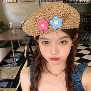 Berets Sweet Girl Spring Summer Sumber Sun Protection Hollow Beret Handmade Straw Hats for Women British Dome Cape Cap