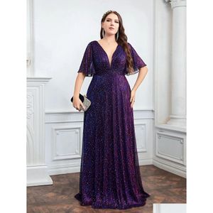 Plus Size Dresses Wedding Bridesmaid Dress For Female Fashion Plunging Neck Butterfly Sleeve Glitter Party Large Lady Drop Delivery A Dhynn