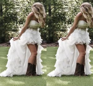 Vestidos modestos com alto nível de casamento vestidos de noiva de estilo country sweetheart bufles organza assimétrica, vestidos de noiva brancos de noiva branca