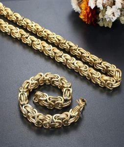 Punk Rock Locomotive Chain Men039s Gold Rope Stainless Steel Byzantine Necklace and Bracelet Bangle fashion jewelry1213876
