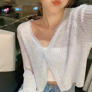 Women's Knits Summer Thin V-neck Knitted Cardigan Short Air-Conditioner Shirt Shawl Outer Match Ice Silk Sun Protection Clothing Coat